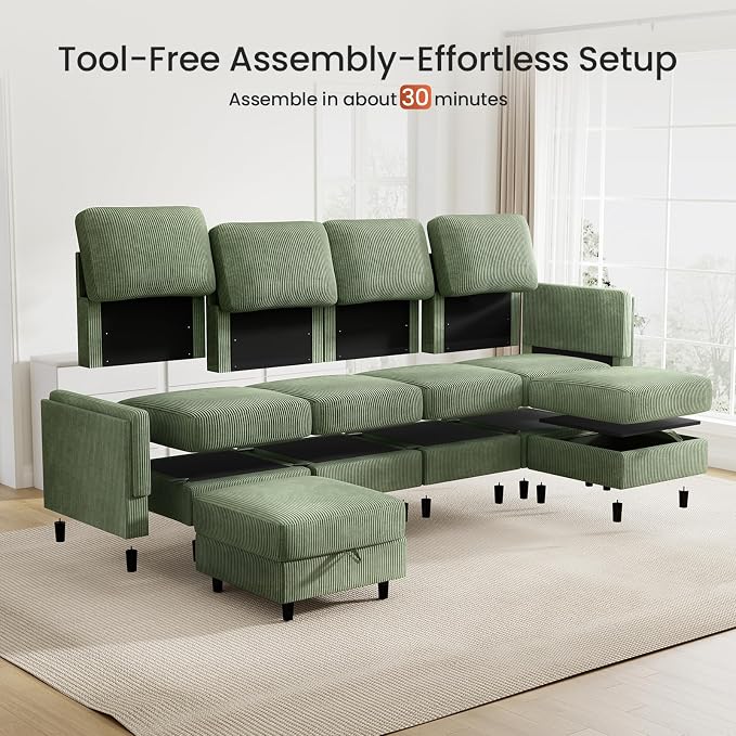 KKL Modular Sectional Sofa Bed with Storage Ottoman, Convertible L/U-Shaped Sleeper Couch for Living Room, Modern Reversible Design(Green,6 Seater U Shape)