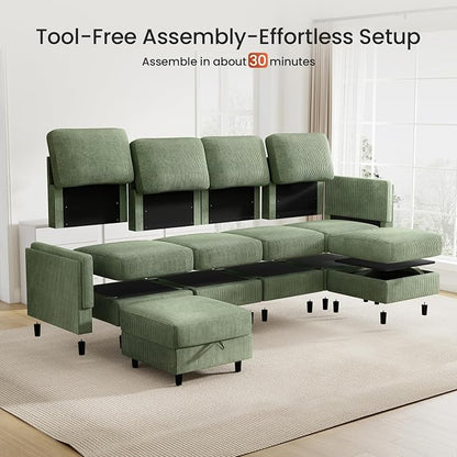 KKL Modular Sectional Sofa Bed with Storage Ottoman, Convertible L/U-Shaped Sleeper Couch for Living Room, Modern Reversible Design(Green,6 Seater U Shape)
