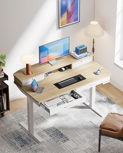 HUANUO 48 x 30 inch Electric Standing Desk with 2 Wood Drawers, Adjustable Height Sit Stand Desk for Home Office, Ergonomic Stand up Desk with 4 Memory Presets, 176 lbs Capacity, Natural Top