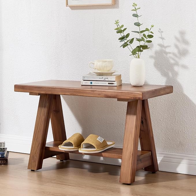 Solid Wood Entryway Bench, 30" Rustic Small Storage Bench 2-Tier Farmhouse Wooden Bench with Shelf Narrow Bench Seat Indoor for Entryway, Living Room, Dining Room, Hallway, Walnut