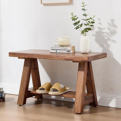 Solid Wood Entryway Bench, 30" Rustic Small Storage Bench 2-Tier Farmhouse Wooden Bench with Shelf Narrow Bench Seat Indoor for Entryway, Living Room, Dining Room, Hallway, Walnut