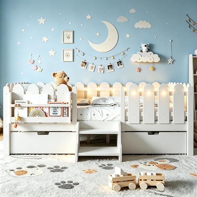 Bellemave Full Size Platform Bed with Storage Drawers & Bookshelf for Boys Girls, Kids Full Bed Frame with LED Lights & Stairs for Children's Room, White