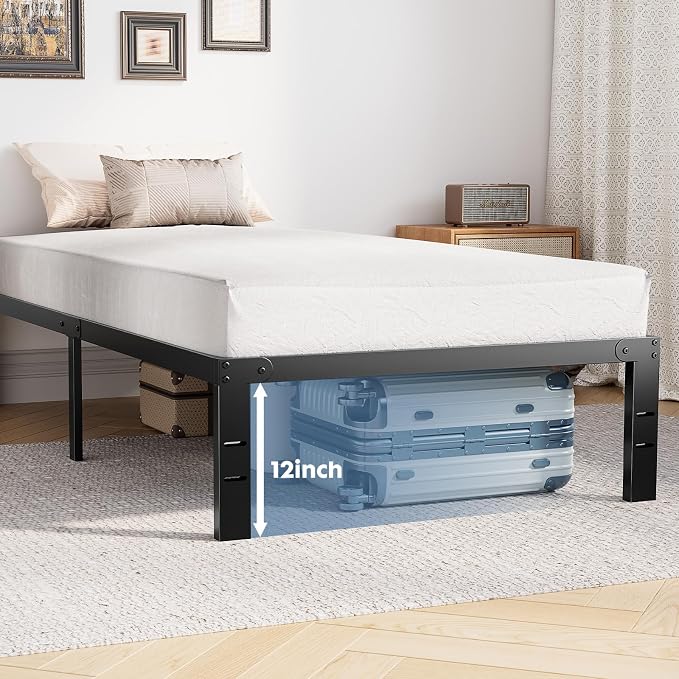 DUMOS Twin Size 12 Inch Bed Frame - Metal Platform Bed Frame Mattress Foundation with Steel Slat Support, No Box Spring Needed, Storage Space Under Base, Easy Assembly, Black