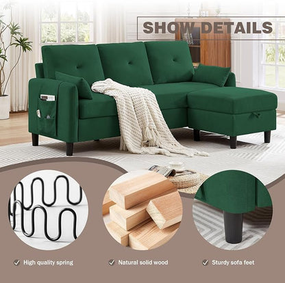 Convertible L-Shaped Sectional Sofa, 3-Seat Sofa Couches with Storage Ottoman & 2 Pillows and Side Storage Pockage, Small Modern Couch for Living Room, Apartment and Office, Green