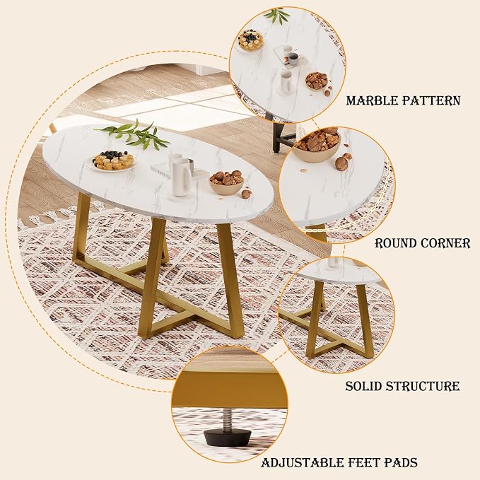 Wolawu Coffee Table White Faux Marble Coffee Table for Living Room,Oval Center Tables Modern Tea Table for Small Space,Wooden Living Room Tables End Table with Sturdy Gold Metal Leg