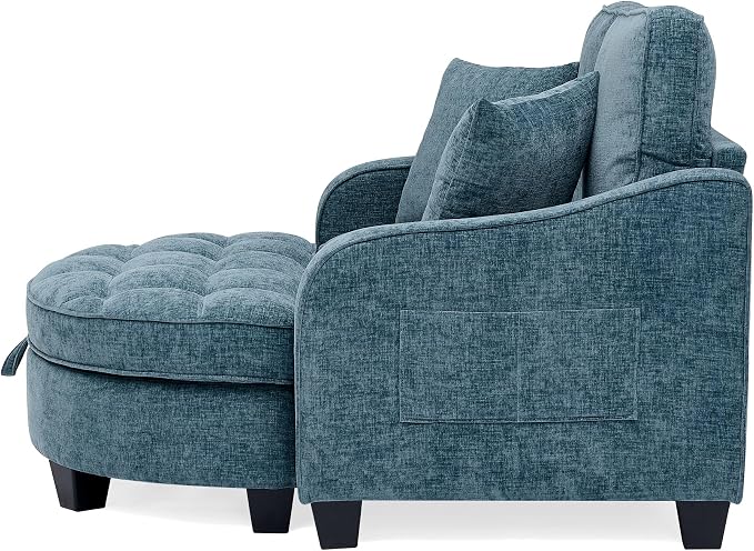 ERYE Chenille Tufted Loveseat Sofa and Ottoman Set, Tufted Recliner Sleeper Chaise Lounge with Curved Storage Ottoman,Reclining Backrest and Side Pockets, 4 Pillows