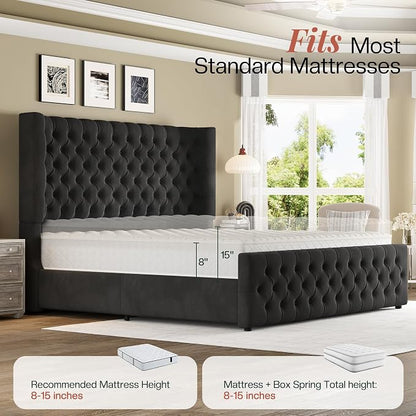 Jocisland California King Size Upholstered Bed Frame with 6.3-Inch Curved Wingback Headboard, Tufted Footboard, Wood Slats, No Box Spring Needed, Black Velvet
