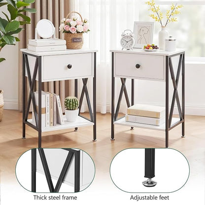 VECELO Nightstands Set of 2, Modern Bedside End Tables, Night Stands with Drawer and Storage Shelf for Living Room Bedroom, Industrial Metal Frame