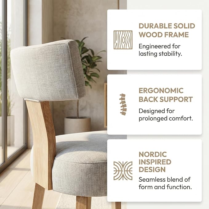 HNY Mid Century Modern Dining Chairs, Farmhouse Linen Fabric Upholstered Accent Chair Curved Backrest Kitchen Chairs Set of 2, with Hardwood Frame, Grey