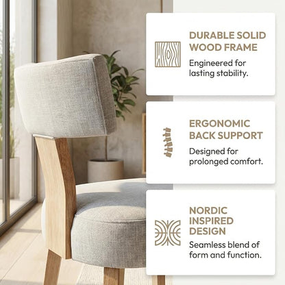 HNY Mid Century Modern Dining Chairs, Farmhouse Linen Fabric Upholstered Accent Chair Curved Backrest Kitchen Chairs Set of 2, with Hardwood Frame, Grey