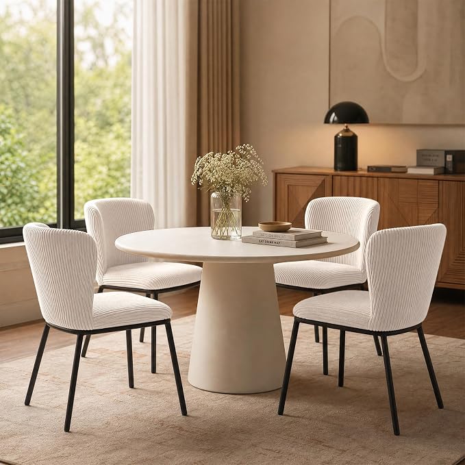 SIMTONAL Upholstered Dining Chairs Set of 6, Corduroy Armless Kitchen Chairs with Memory Foam Seat, Black Metal Legs, Mid Century Modern Accent Seating for Apartment, Vanity, [Beige]
