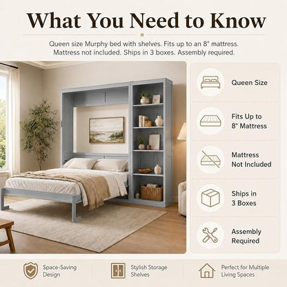 Queen Murphy Bed Cabinet with Storage, Wall Bed with Five-Layer Cabinet, Murphy Cabinet Hidden Bed, Space Saving Cabinet Bed with Dual Piston Mechanism for Apartment, Guest Room, Office (Gray 5)