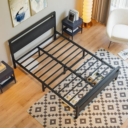 BOFENG Full Size Bed Frame with Wood Headboard,Heavy Duty Platform Bed Frame Full with Storage No Box Spring Needed,Reinforced Steel Slats Support,Mattress Foundation,Black