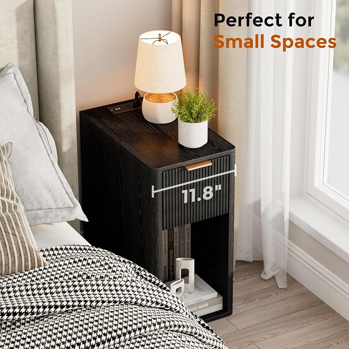 Homleke Narrow End Table with Fluted Drawer and Charging Station, Small Nightstand with USB Ports & Outlets, Bedside Table for Bedroom or Living Room, Modern Accent Table, Black