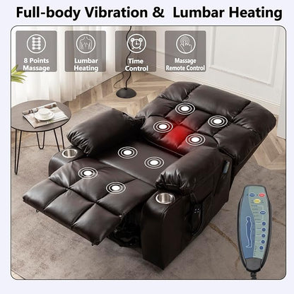 JIKFRIMA Power Lift Recliner Chair for Elderly, Dual Motor Lift Chair with Heat and Massage, Lay Flat Lift Chair for Adults, Cup Holders, Lumbar Pillow, Faux Leather, Reddish Brown
