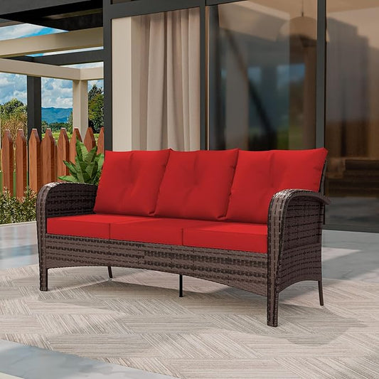 Patio 3-Seater Sofa, PE Wicker Outdoor Lounge with Thick Removable Cushions, Rust-Proof Steel Frame, 900LBS Capacity, Red
