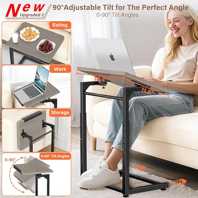 Tv Tray Table Set of 2, 8-Level Adjustable Height Couch Side Table，90° Tilt Angle Adjustments C-Shaped End Table, with Phone & Tablet Slot Computer Desk for Sofa, Bed, Chair, Living Room（Lvory Gray）