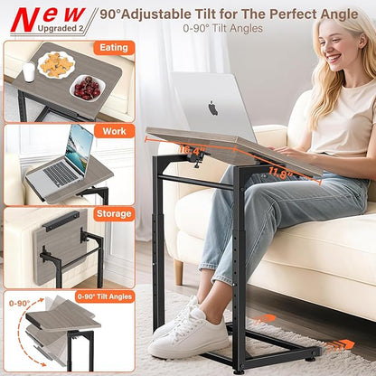 Tv Tray Table, 8-Level Adjustable Height Couch Side Table，90° Tilt Angle Adjustments C-Shaped End Table, with Phone & Tablet Slot Computer Desk for Sofa, Bed, Chair, Living Room（Lvory Gray）