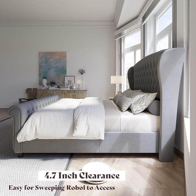 AMERLIFE California King Size Platform Bed Frame, Velvet Upholstered Sleigh Bed with Scroll Wingback Headboard & Footboard/Button Tufted/No Box Spring Required/Grey