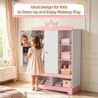 Kids Dress Up Storage with Hidden Jewelry Armoire, Wooden Princess Pretend Play Closet Wardobe Center with Mirror, Toddler Armoire Organizer with Hanging Area & Shoe Cubbies, Pink/White