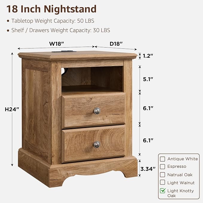T4TREAM Farmhouse Dressers & Night Stand Set of 3, 54" Wide 7 Drawer Dresser & 18" Wide 2 Drawers Side Table Set of 2, Furniture Dresser Sets for Home, Light Knotty Oak