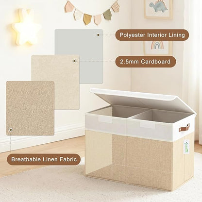 Bagnizer Large Toy Storage Box with Lids, Collapsible Sturdy Baby Storage Organizer Chest Bin Basket for Kids, Boys, Girls, Playroom, Nursery, Bedroom, Closet 25"x13"x16" (Beige and White)