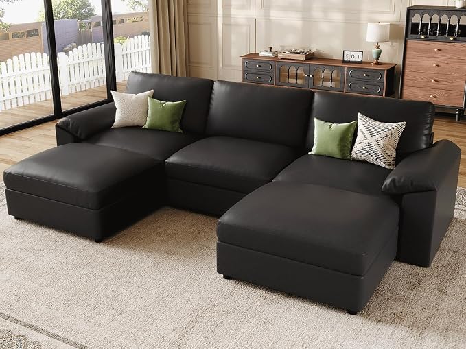 EASE MOOSE Deep Seat Sectional Couch, Scratch Resistant Faux Leather Material, 5-Seat Oversized Modular Sofa for Living Room,U Shaped Classic Comfy Sofas for Living Room,Black
