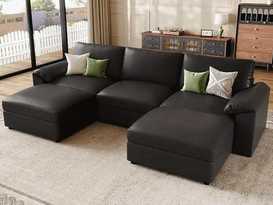 EASE MOOSE Deep Seat Sectional Couch, Scratch Resistant Faux Leather Material, 5-Seat Oversized Modular Sofa for Living Room,U Shaped Classic Comfy Sofas for Living Room,Black