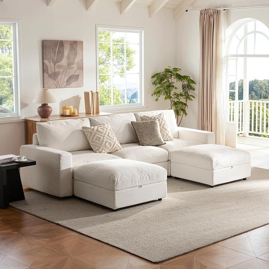 Cloud Couch Sectional 113.8'' Oversized Modular Deep Seat Sofa U Shaped Comfy White Cloud Couch with Washable Cover for Living Room 3 Seat & 2 Ottoman