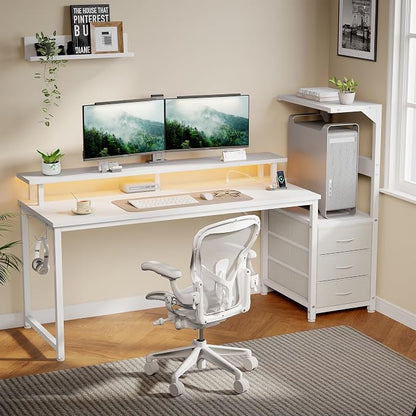 DUMOS 59” Gaming Desk with USB Charging Ports & LED Lights, Reversible Computer Desk with Drawers, PC Desk for Home Office Small Space, Gaming Table Fits PC Towers, White