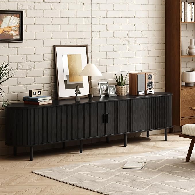 ONBRILL 94.5" TV Stand with Power Outlet for TVs up to 102 Inch, Entertainment Center with Storage and Adjustable Shelves, Modern Media Console with Sliding Doors for Living Room, Black