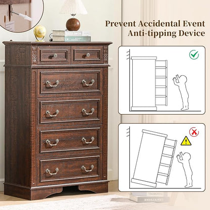 Farmhouse Dresser and Nightstand Sets, 6-Drawer with 7 Drawer Dresser & 3 Drawer Nightstand Sets, 3 Pieces Rustic Wood Bedroom Furniture Set for Home, Bedroom, Hallway(Dark Brown)