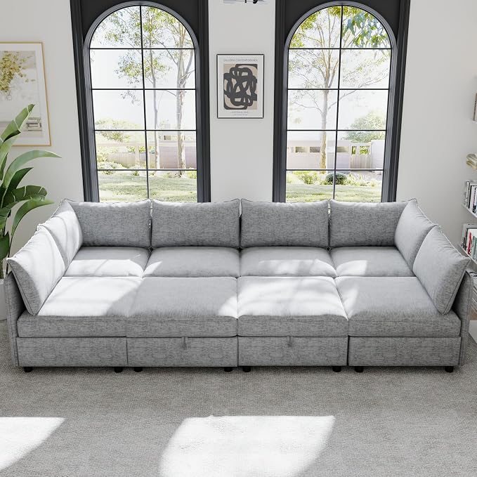 129-Inch Oversized 8 Seat Modular Cloud Sofa Deep Seat Storage Sectional Sofa Couch Free Combination W/Movable Ottomans,L/U Shaped Chenille Upholstered Convertible Sleeper Couch for Home Apartment | Space Saving