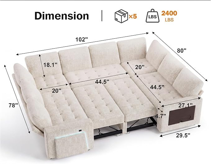 Vipbear 8 Seat U Shaped Modular Sectional Sleeper Sofa with Pull Out Bed/Reclining Backrest/USB Ports/Table/LED Light/Storage Seat, Sectional Sleeper Couch, Tool-Free Assembly, Chenille Beige