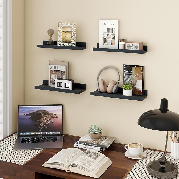 Axeman Black Picture Ledge Shelf Set of 4, 16'' Floating Shelves with Lip | Rustic Black Wood Picture Shelves for Wall with Ledge, Wall Shelves with Lip for Photos Nursery Books