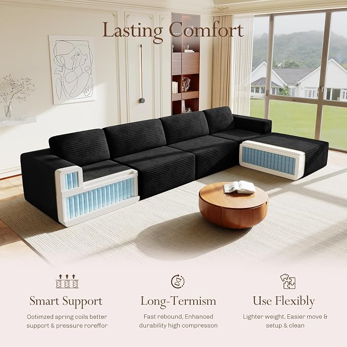 Vesgantti 159" Large Modular Sectional Sofa, L-Shaped Corduroy Cloud Couch with Deep Seats & Spring Support, 4-Seater Boneless Sofa with Movable Ottoman, No Assembly Needed, Black
