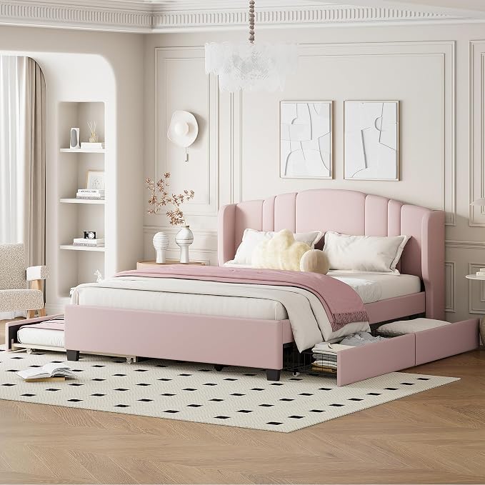 Merax Queen Size Platform Bed Frame with Twin Trundle, Storage 2 Drawers and Upholstered Headboard, No Box Spring Needed