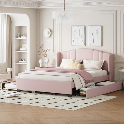 Merax Queen Size Platform Bed Frame with Twin Trundle, Storage 2 Drawers and Upholstered Headboard, No Box Spring Needed