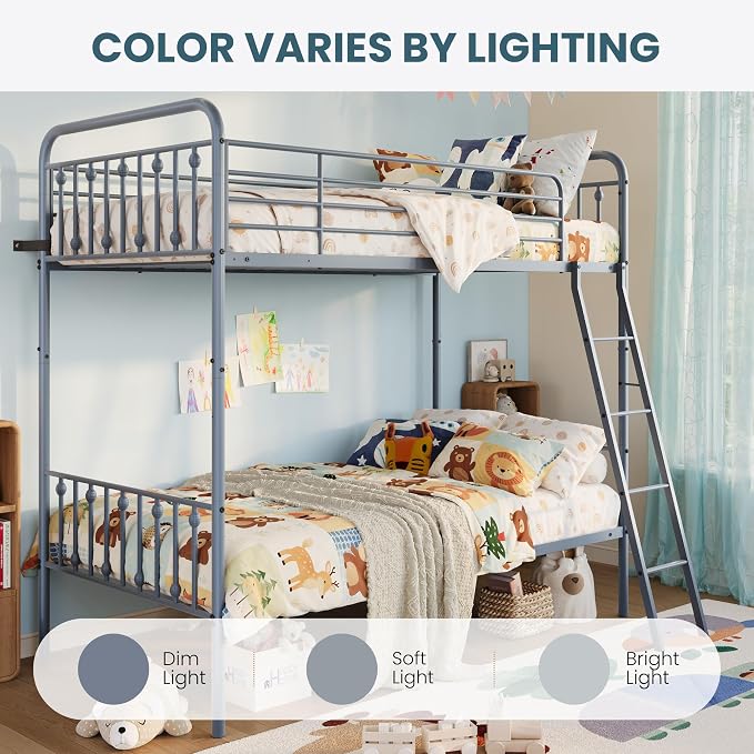 SHA CERLIN Convertible Twin Over Twin Bunk Bed, CPC Certified,Gray | Victorian Iron-Art Headboard and Footboard,Space-Saving Metal Bunk Bed with Guardrail & Ladder,No Box Spring Needed