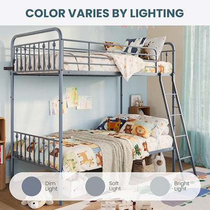 SHA CERLIN Convertible Twin Over Twin Bunk Bed, CPC Certified,Gray | Victorian Iron-Art Headboard and Footboard,Space-Saving Metal Bunk Bed with Guardrail & Ladder,No Box Spring Needed