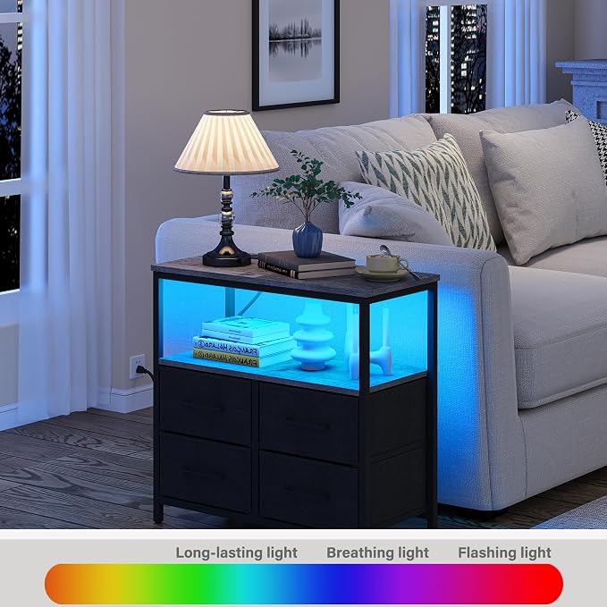 TUTOTAK LED Night Stand with Charging Station, Large Nightstand with USB and Type-C Port, Bedside Table with Cloth Drawers, End Table for Livingroom, Bedroom, Charcoal Grey TB01BY081L