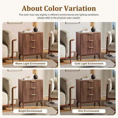 LYNCOHOME Fluted Nightstand with 3 Drawers, Modern Wood Chest of Bedside Table with Curved Profile, Fluted Dresser Organizer for Bedroom,Walnut