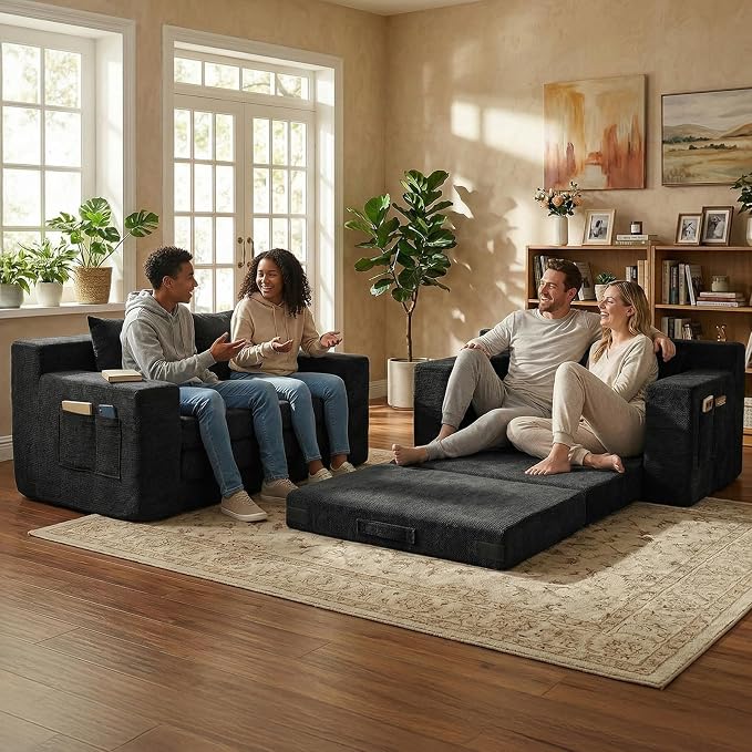 Boneless Loveseat Sofa Bed, Tri-Folding Convertible Futon Sleeper with Handle & Side Pockets, 54'' Boneless Couch with Hook and Loop No Assembly for Small Space,Living Room & Bedroom