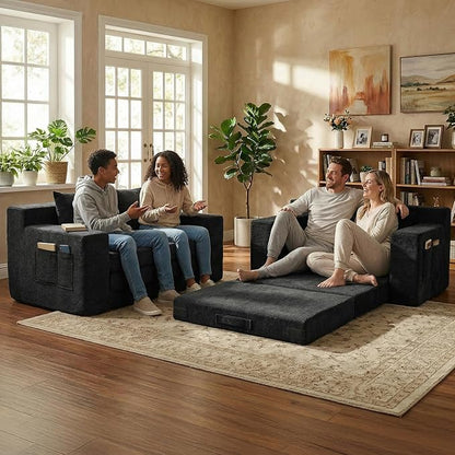 Boneless Loveseat Sofa Bed, Tri-Folding Convertible Futon Sleeper with Handle & Side Pockets, 54'' Boneless Couch with Hook and Loop No Assembly for Small Space,Living Room & Bedroom