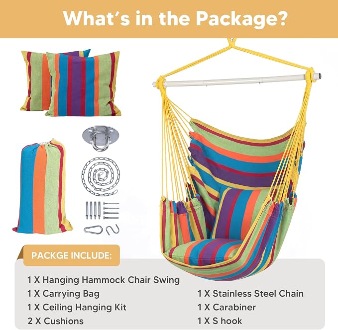SUNCREAT Hammock Chairs Hammock Chair Swing with Steel Support Bar, Side Pocket, Large Swing Chair for Bedroom, Patio, Garden, Rainbow