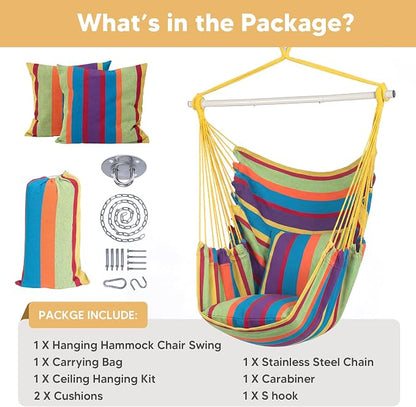 SUNCREAT Hammock Chairs Hammock Chair Swing with Steel Support Bar, Side Pocket, Large Swing Chair for Bedroom, Patio, Garden, Rainbow