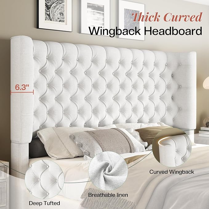Jocisland King Size Upholstered Bed Frame with 6.3-Inch Curved Wingback Headboard, Tufted Footboard, Wood Slats, No Box Spring Needed, White Linen