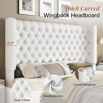 Jocisland King Size Upholstered Bed Frame with 6.3-Inch Curved Wingback Headboard, Tufted Footboard, Wood Slats, No Box Spring Needed, White Linen