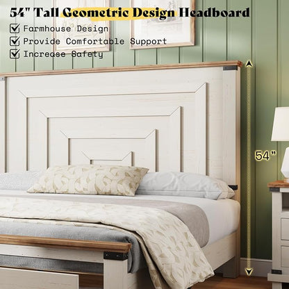 AMERLIFE 2 Pieces Farmhouse Bedroom Set, Includes Wood Rustic Queen Size Bed Frame with 54" Tall Headboard, 48" Tall 5 Drawers Dresser Chest, Heavy Duty Thick Plank Styling, Antique White