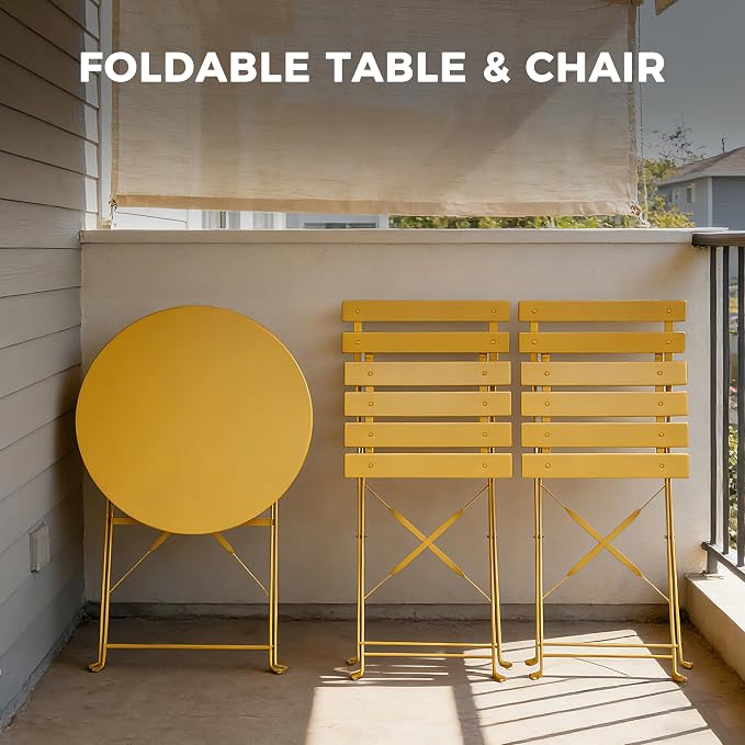 Grand patio 3-Piece Folding Bistro Set, 2 Chairs and 1 Table, Weather-Resistant Outdoor/Indoor Conversation Set for Patio, Yard, Garden-Yellow
